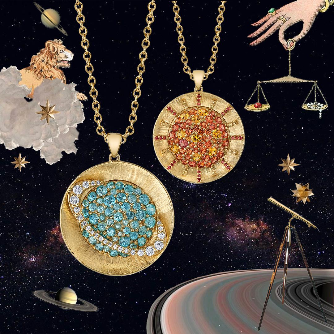 Sonnenhalskette aus 18 Karat Gelbgold mit gelbem und orangefarbenem Saphir (Moderne) im Angebot