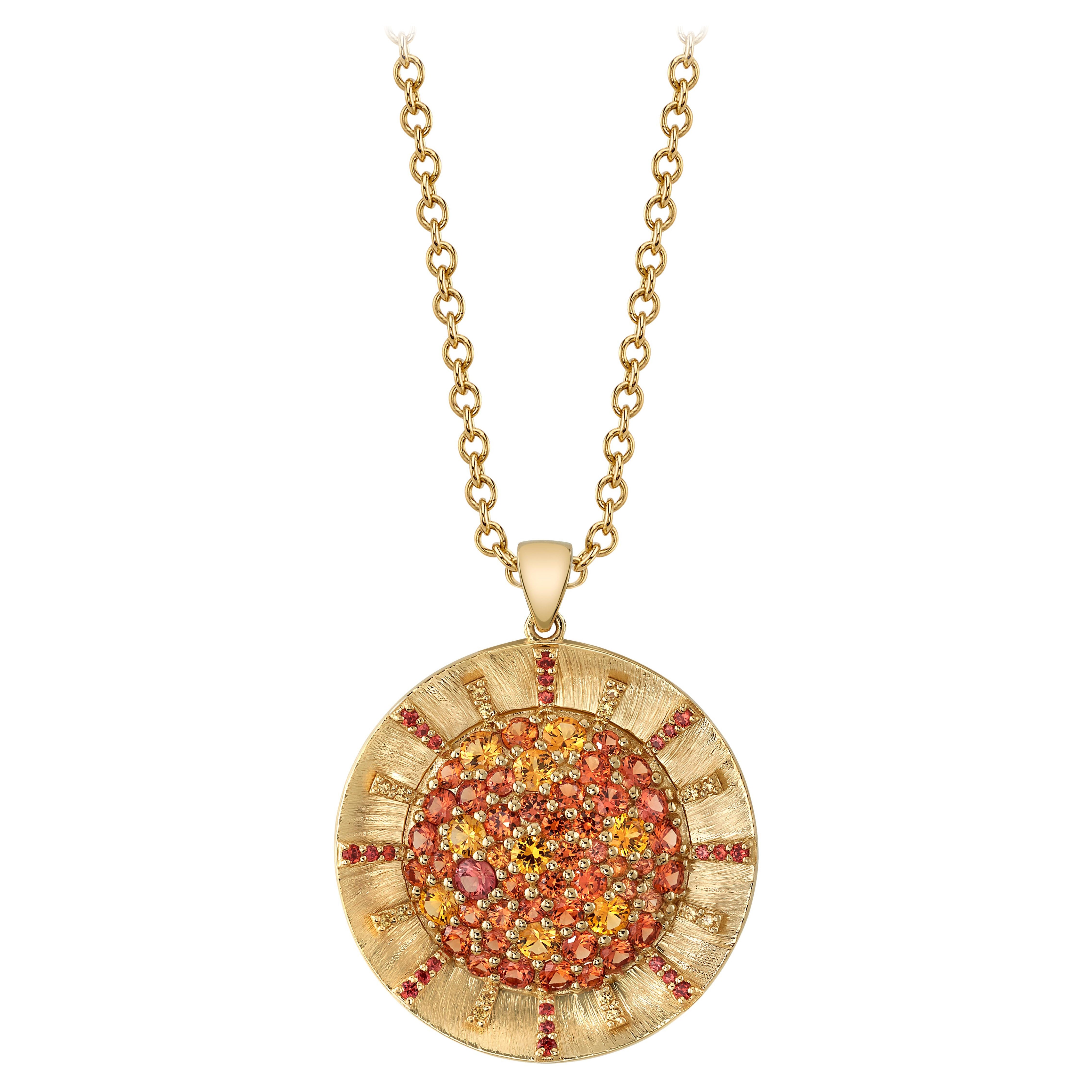 Sonnenhalskette aus 18 Karat Gelbgold mit gelbem und orangefarbenem Saphir im Angebot