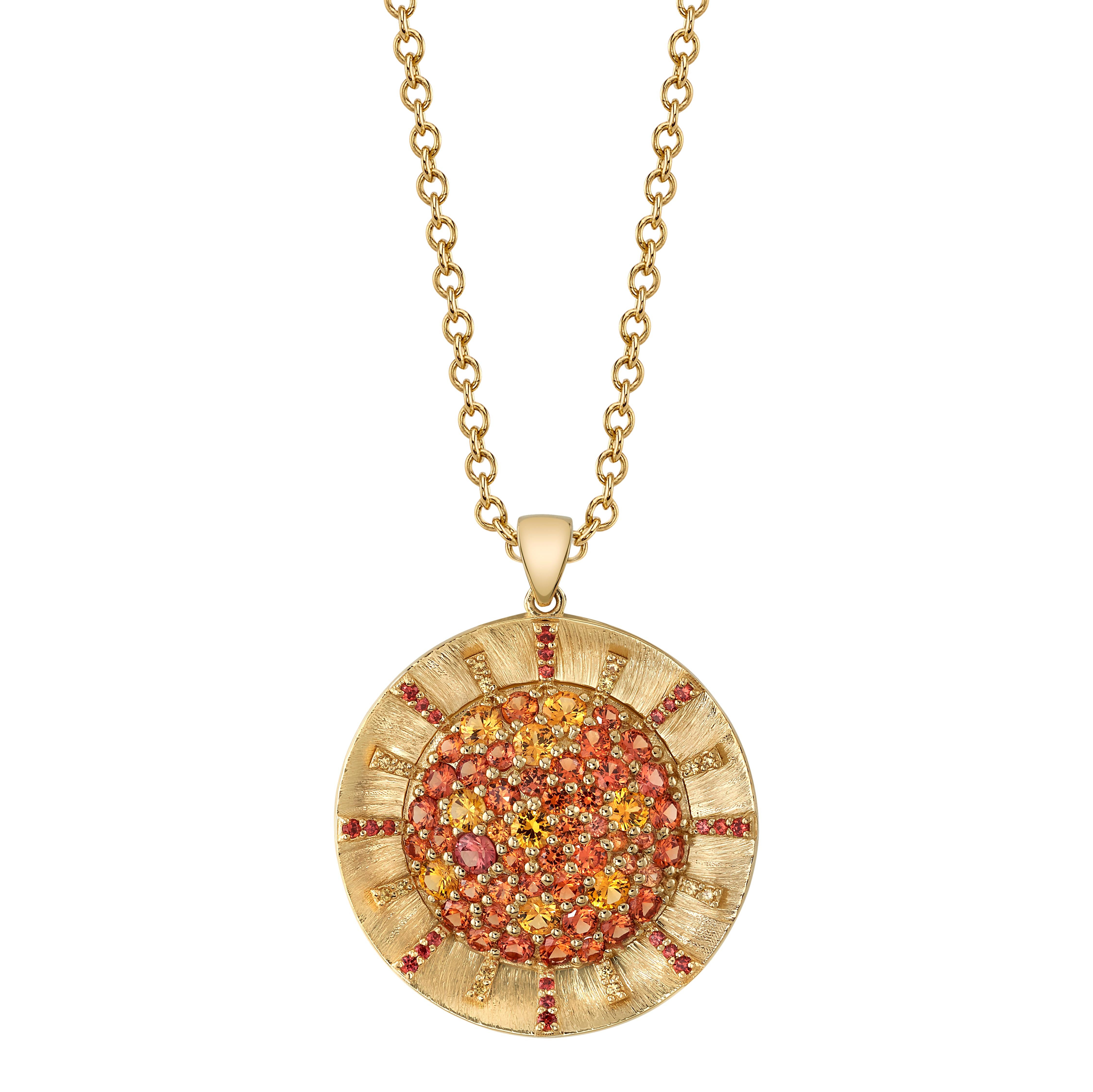 Sonnenhalskette aus 18 Karat Gelbgold mit gelbem und orangefarbenem Saphir