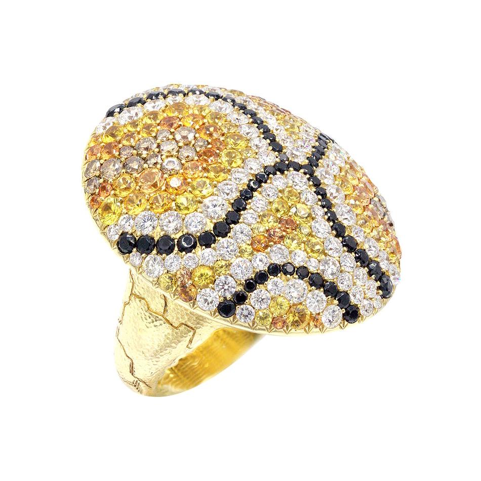 Statement-Ring aus 18 Karat Gelbgold mit gelbem und orangefarbenem Saphir und weißem Diamant im Angebot