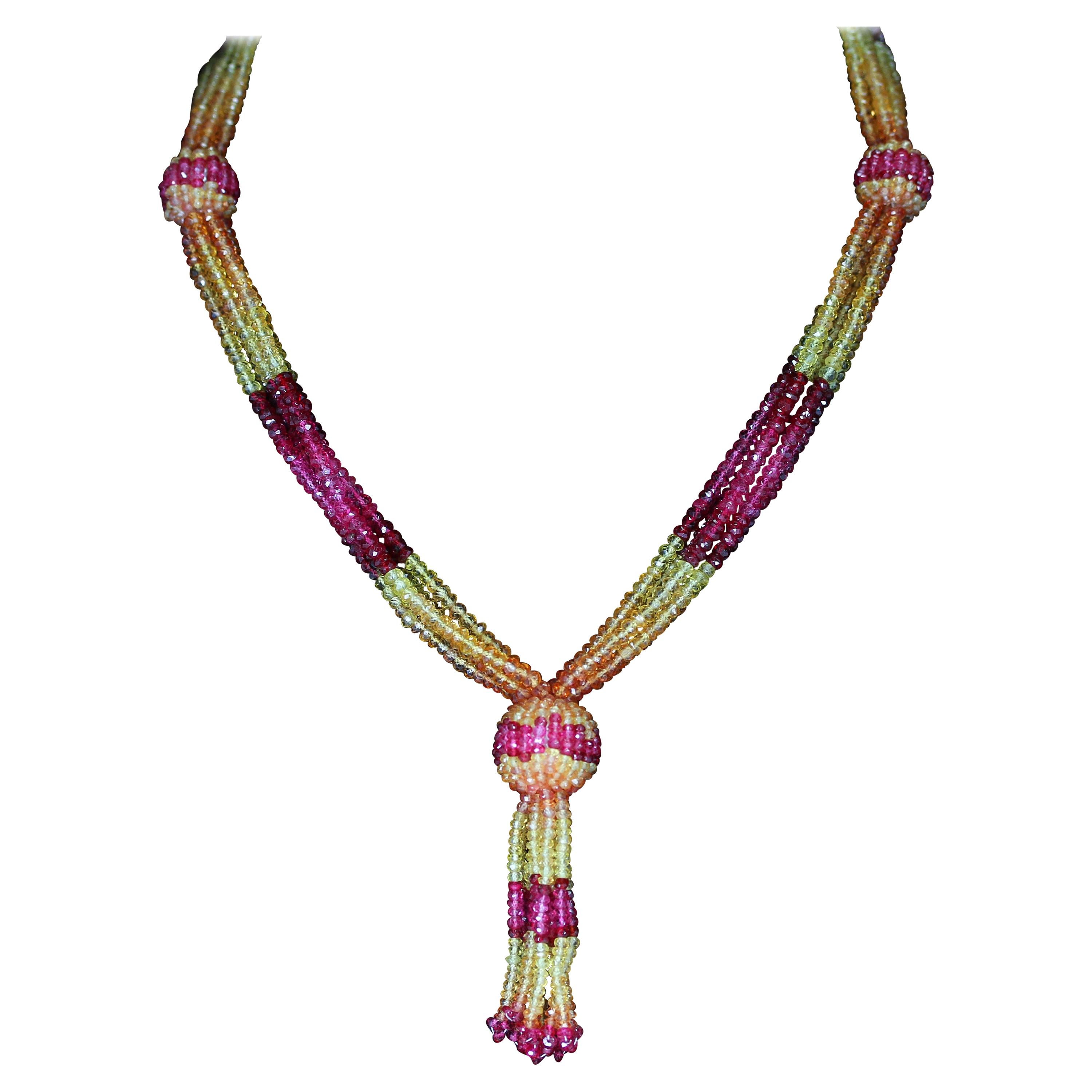 Yellow and Orange Sapphire with Spinel Beads, Tassel Necklace, 18K Diamond Clasp