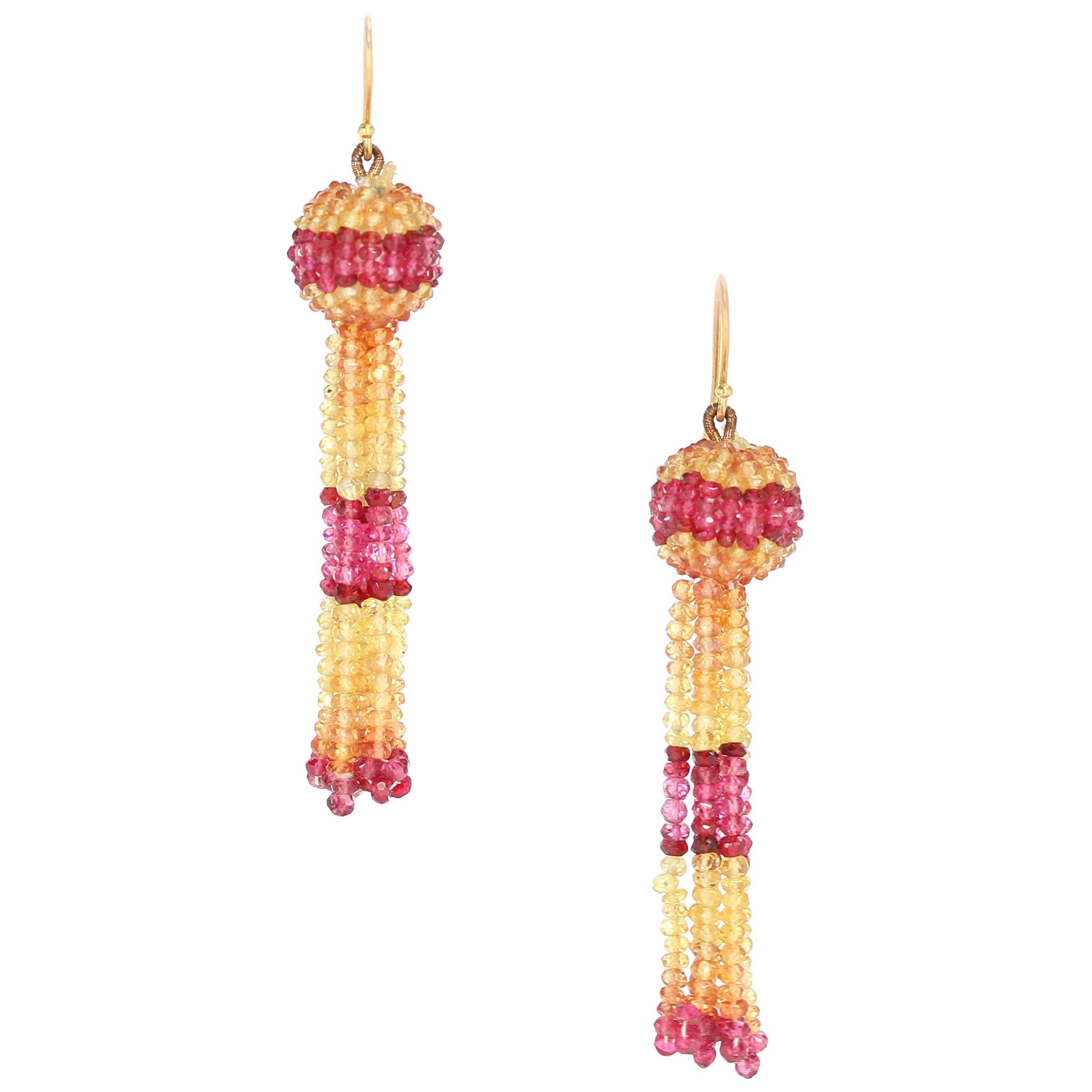 Yellow and Orange Sapphire with Spinel Faceted Beads Tassel Earring, Yellow Gold