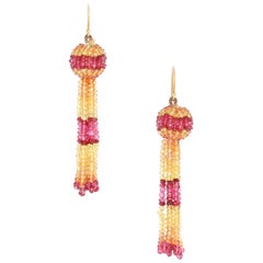 Yellow and Orange Sapphire with Spinel Faceted Beads Tassel Earring, Yellow Gold