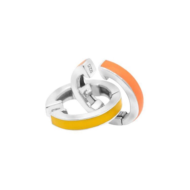 Yellow And Orange Striped Ear Cuff Pair Sterling Silver And Enamel For Sale