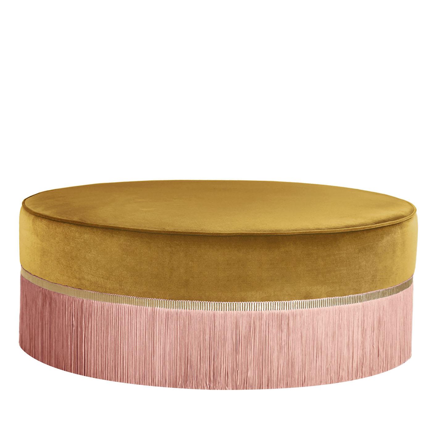 Yellow and Pink Couture Geometric Bicolor Pouf For Sale