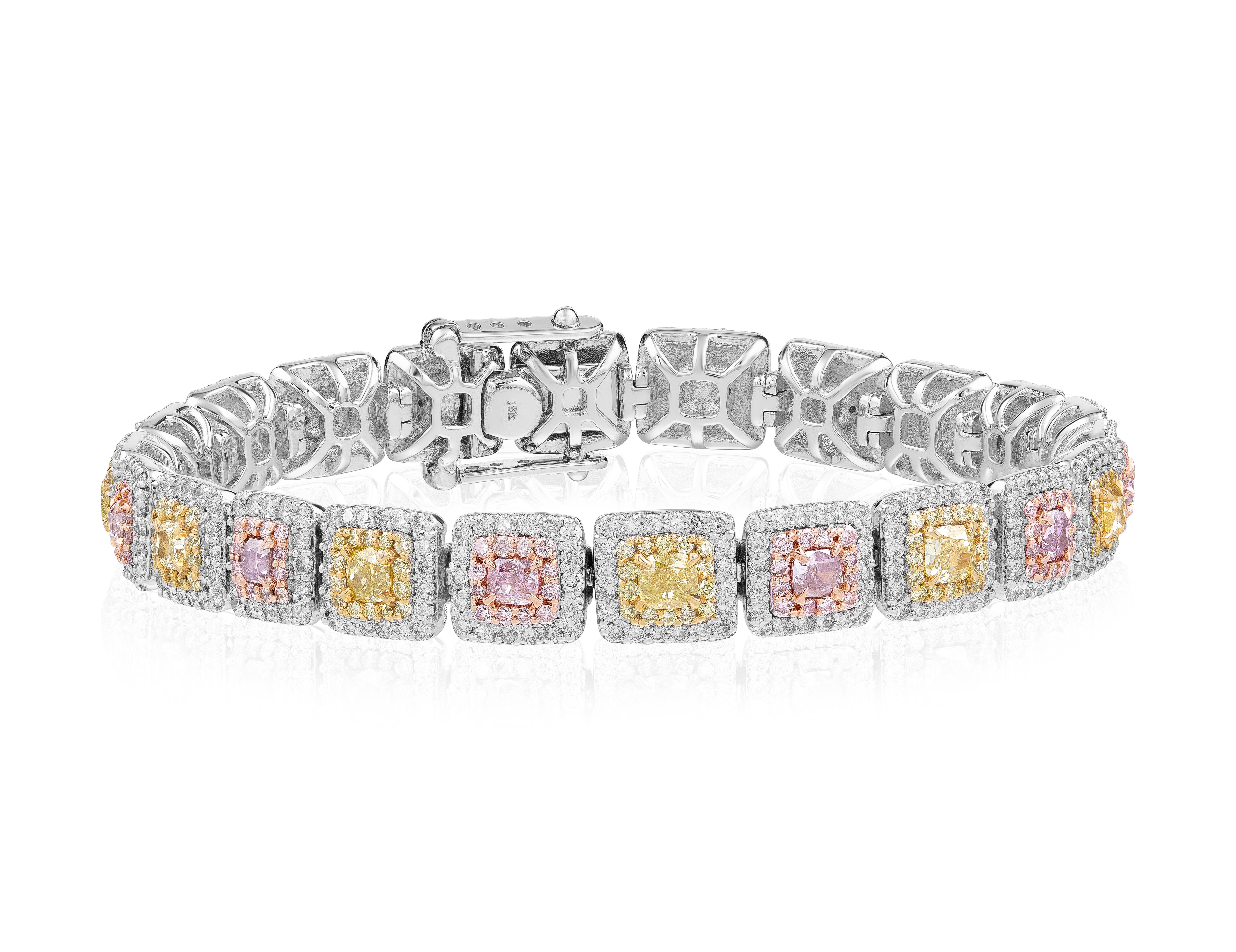 Gelbes und rosafarbenes Diamant-Halo-Tennisarmband, montiert in 18k Gold (Zeitgenössisch)