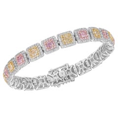 Gelbes und rosafarbenes Diamant-Halo-Tennisarmband, montiert in 18k Gold