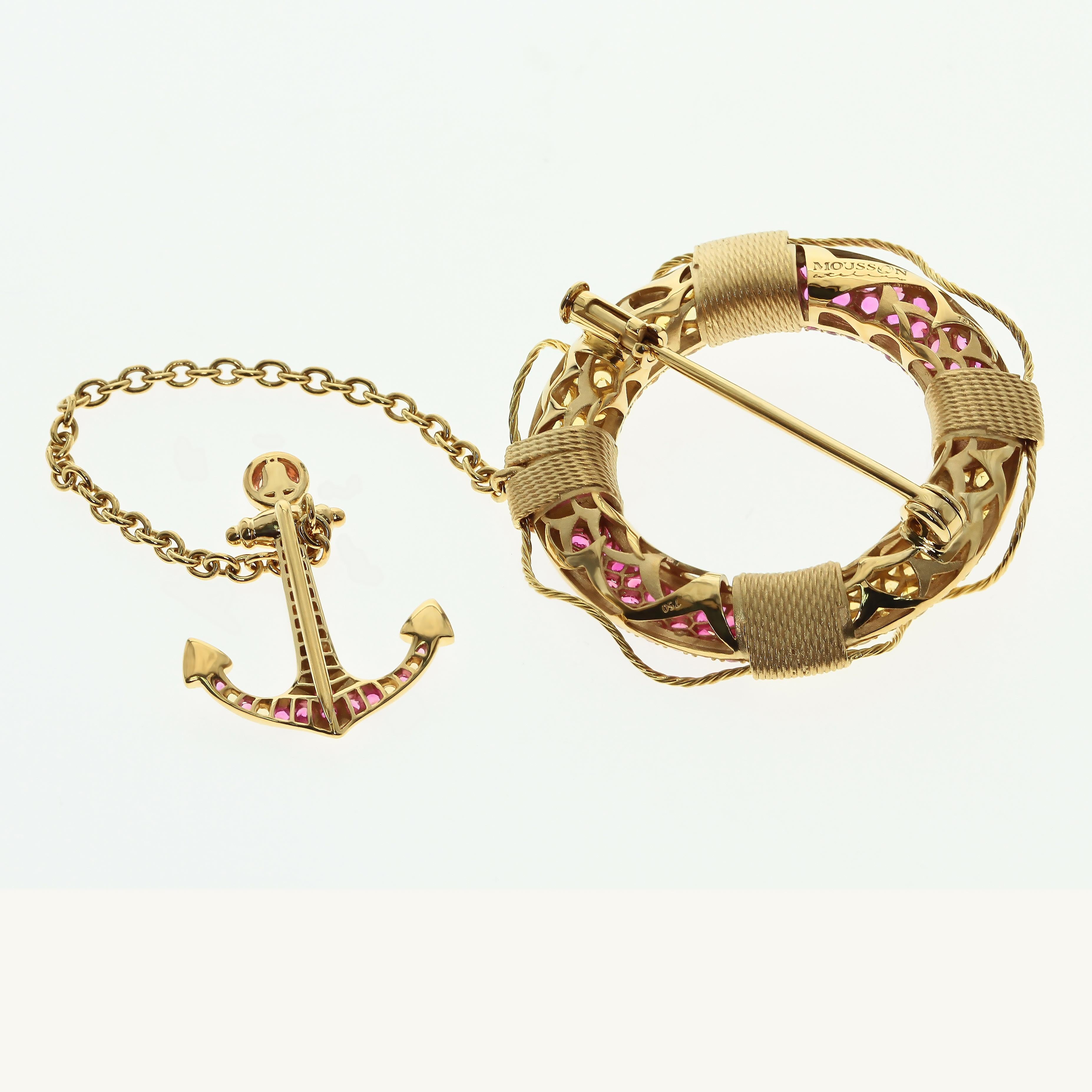 Yellow and Pink Sapphire 18 Karat Yellow Gold Lifebuoy and Anchor Brooch.
From our Marina Collection. As a present, speaks himself: Lifebuoy - save in love with you, Anchor - and stay with you forever.

Accompanied with the ring LU116414772011 and