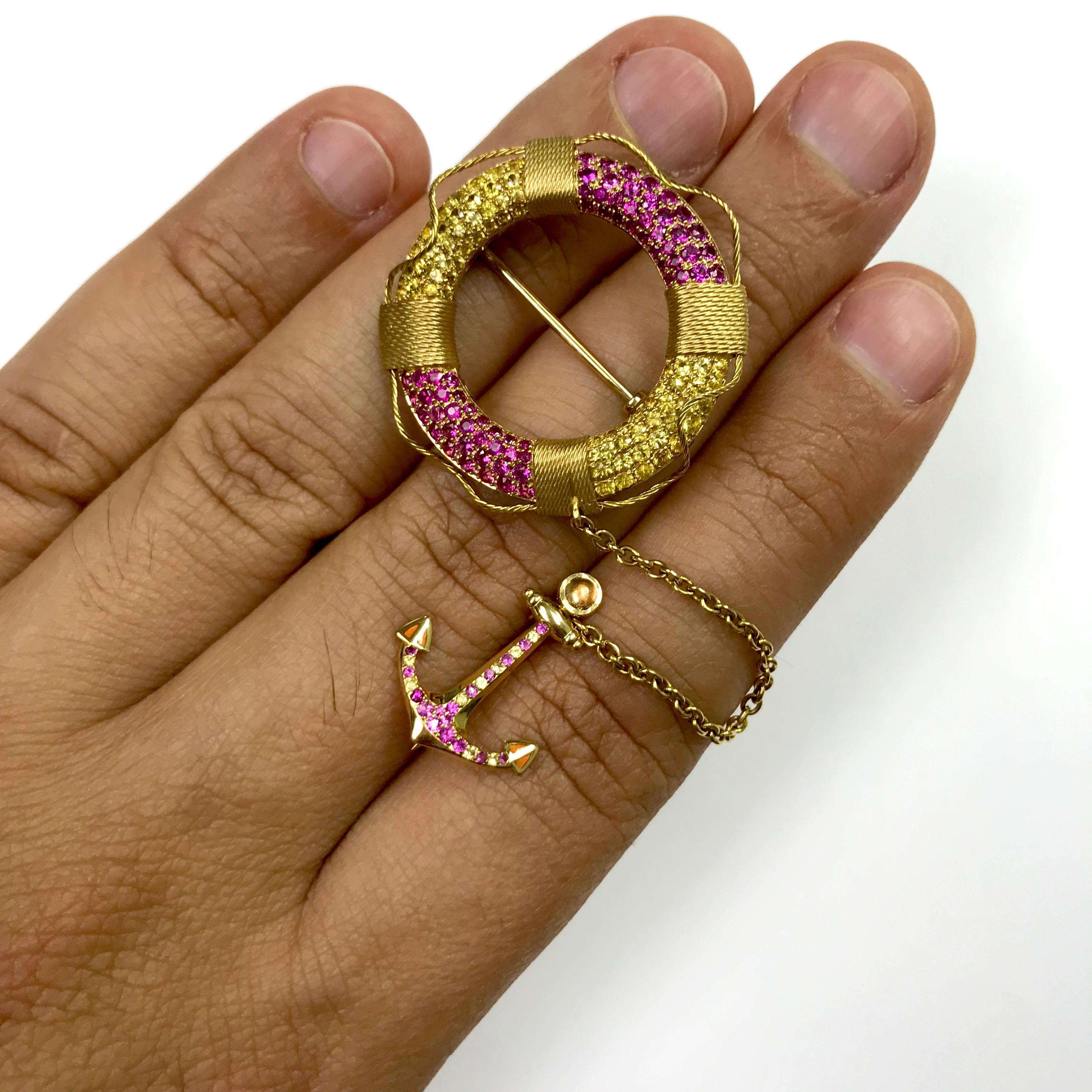 Women's or Men's Yellow and Pink Sapphire 18 Karat Yellow Gold Lifebuoy and Anchor Brooch