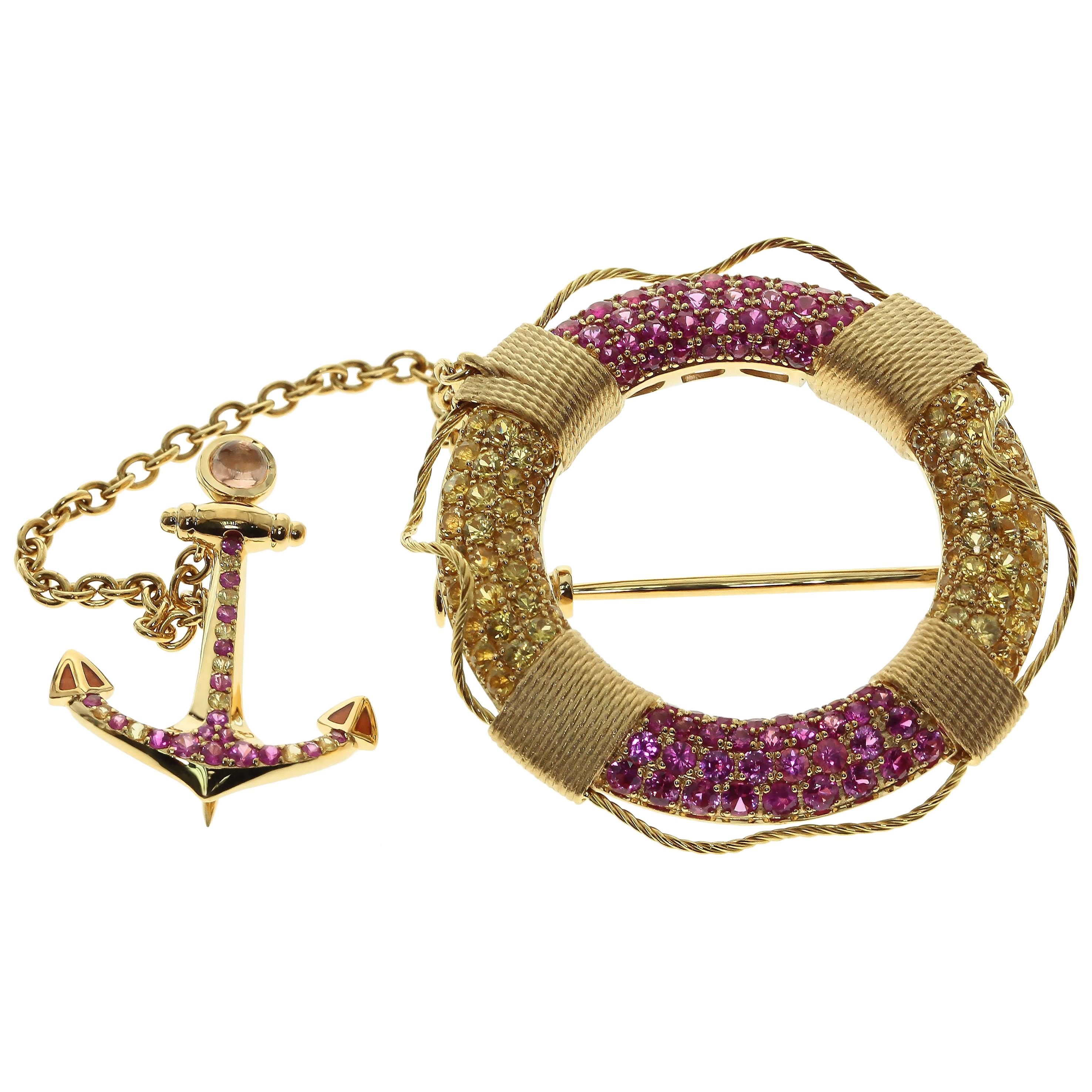 Yellow and Pink Sapphire 18 Karat Yellow Gold Lifebuoy and Anchor Brooch