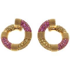 Yellow and Pink Sapphire 18 Karat Yellow Gold Lifebuoy Earring