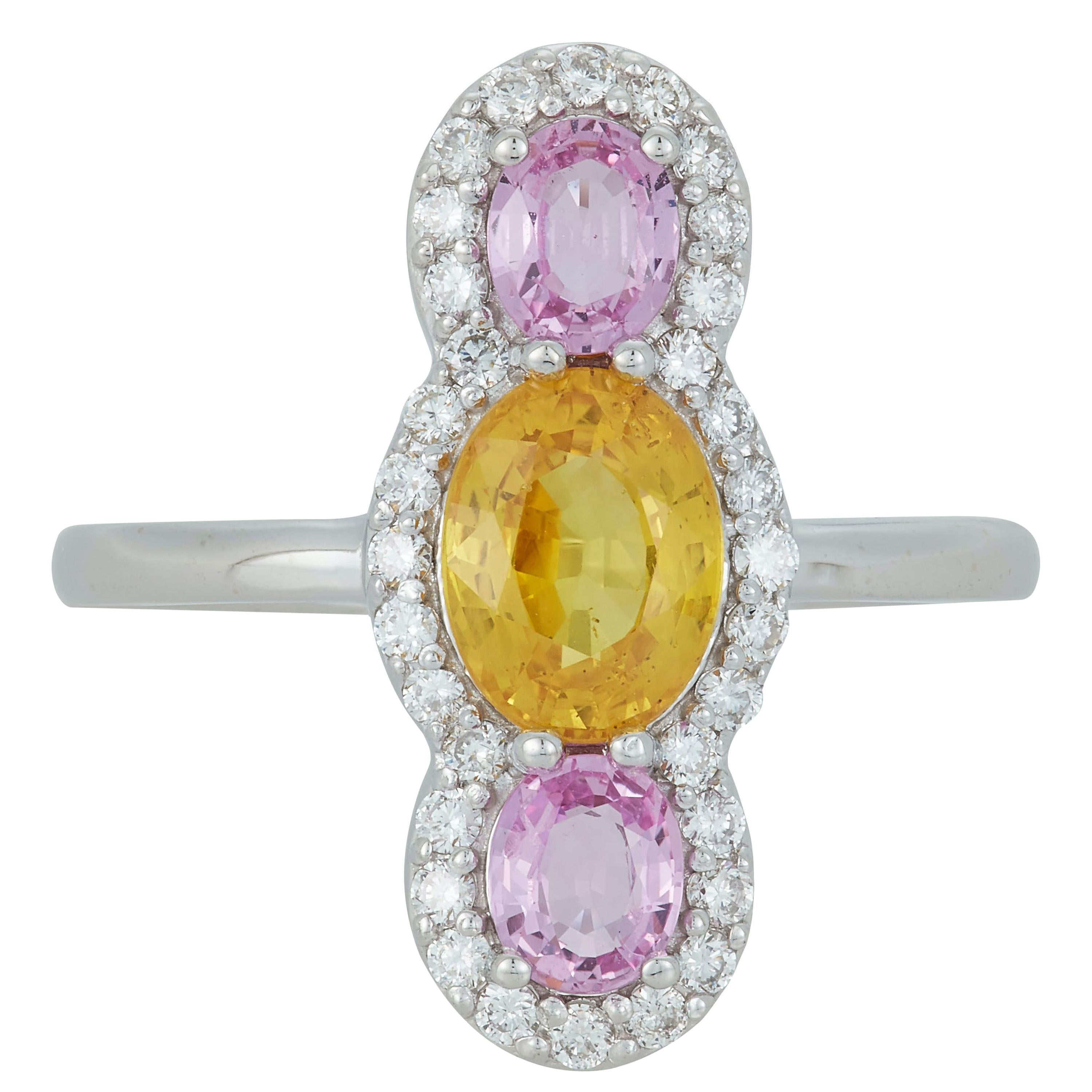 Yellow and Pink Sapphire, Diamond Three-Stone Ring Art Deco Style 14 Karat Gold For Sale