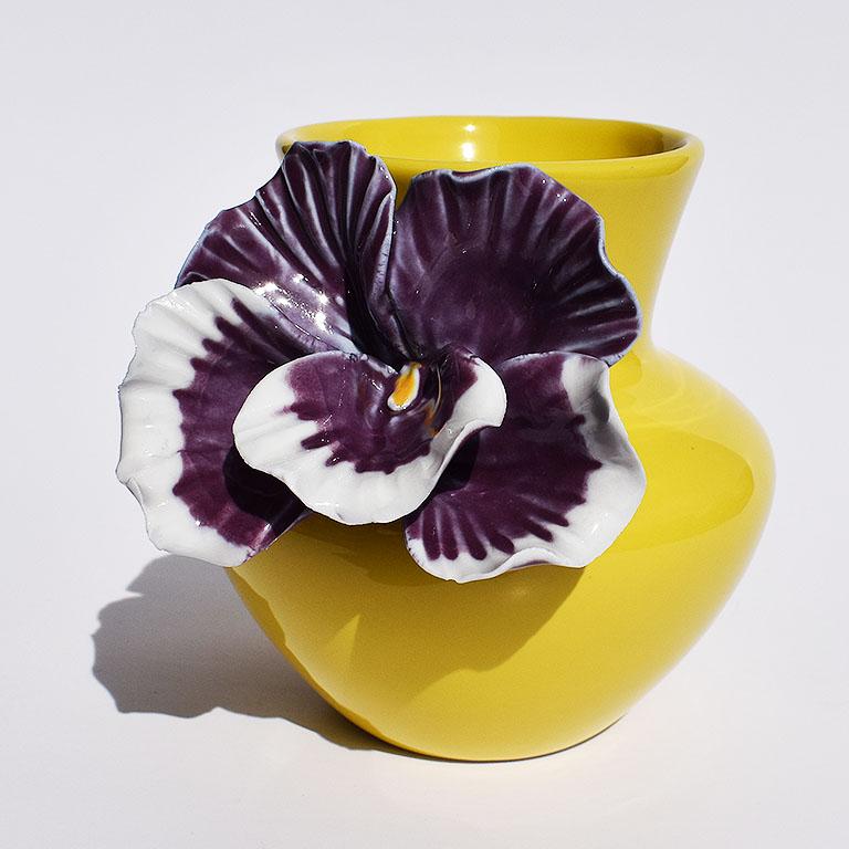 Bohemian Yellow and Purple Abstract Ceramic Vase with Affixed Floral Orchid