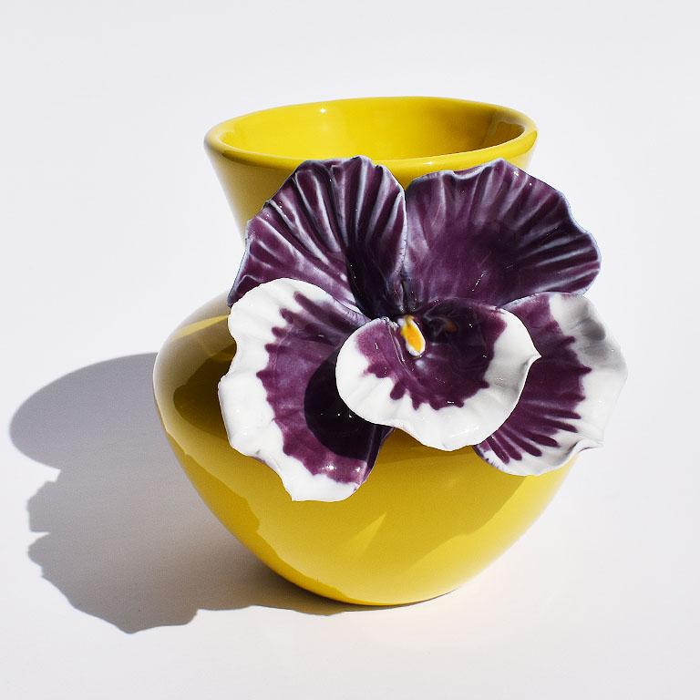 American Yellow and Purple Abstract Ceramic Vase with Affixed Floral Orchid