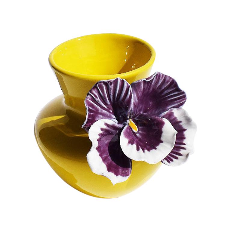 Yellow and Purple Abstract Ceramic Vase with Affixed Floral Orchid