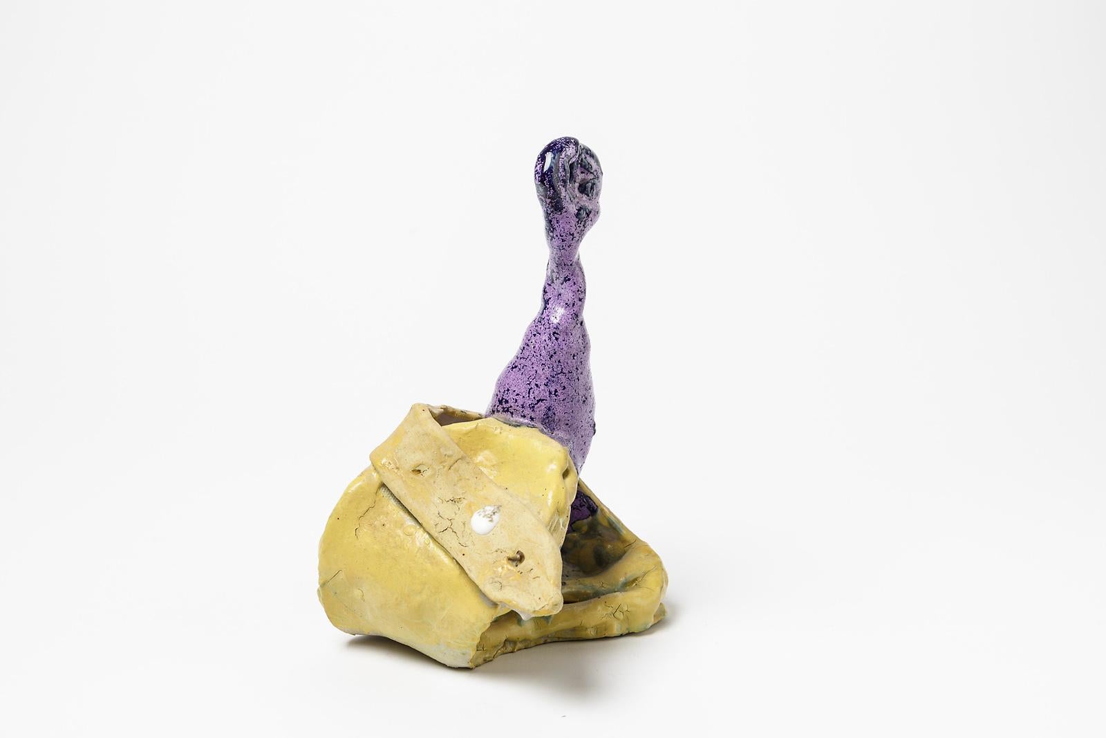Patrick Crulis

Original abstract ceramic sculpture by the french artist

Yellow and purple ceramic glazes colors

Signed under the base

Provenance: French art gallery

Measures: Height: 25cm, large: 20cm, depth: 16cm.