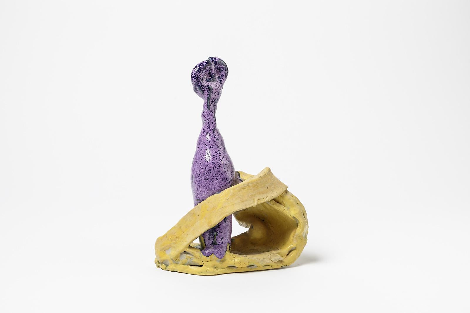 Modern Yellow and Purple Asbtract Ceramic Sculpture by Patrick Crulis French Art For Sale
