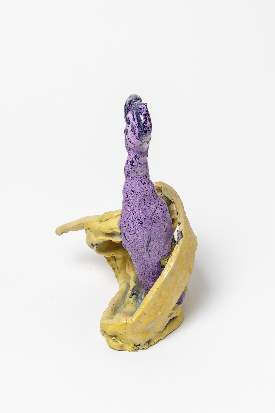 Yellow and Purple Asbtract Ceramic Sculpture by Patrick Crulis French Art In Excellent Condition For Sale In Neuilly-en- sancerre, FR