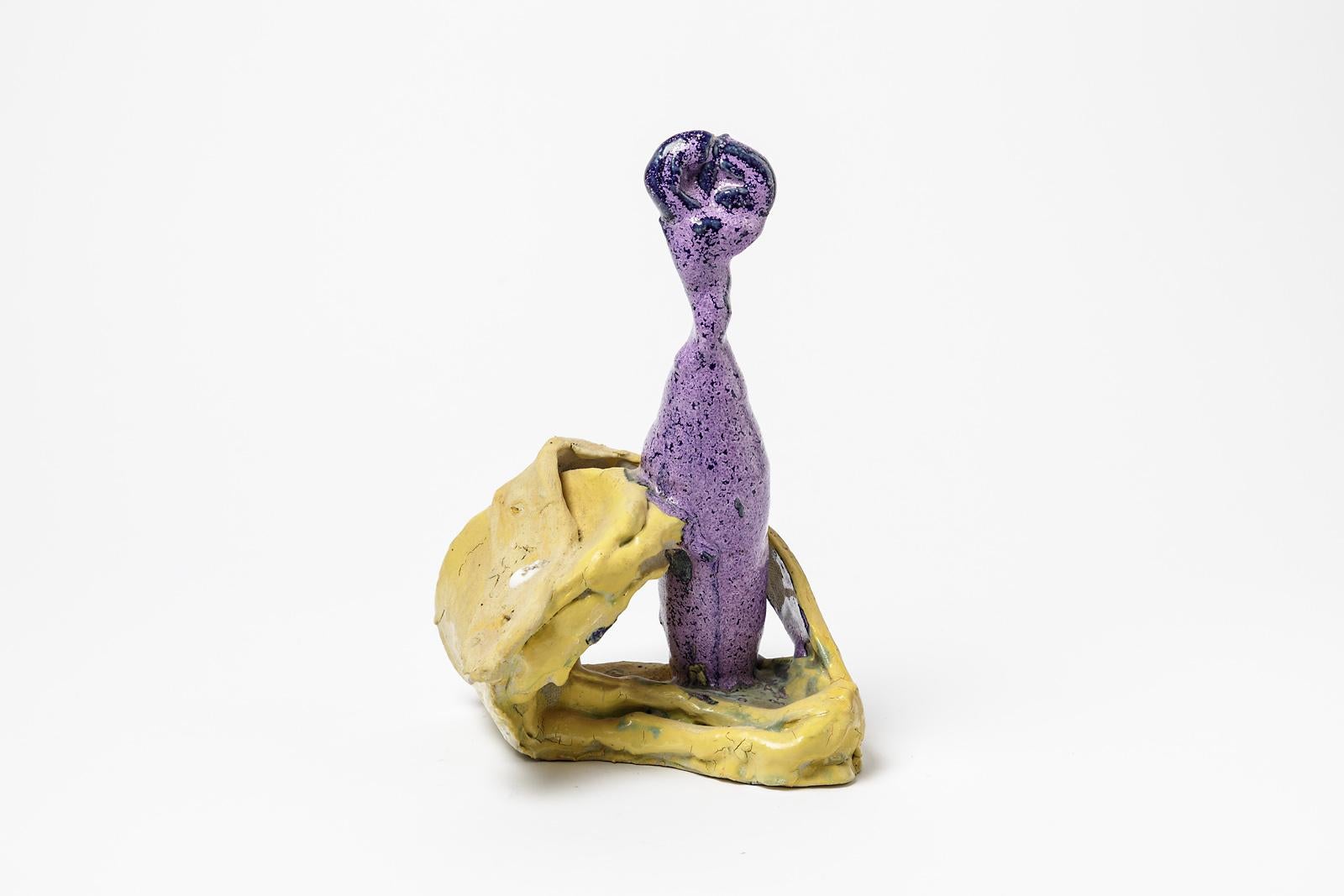 Yellow and Purple Asbtract Ceramic Sculpture by Patrick Crulis French Art For Sale 1