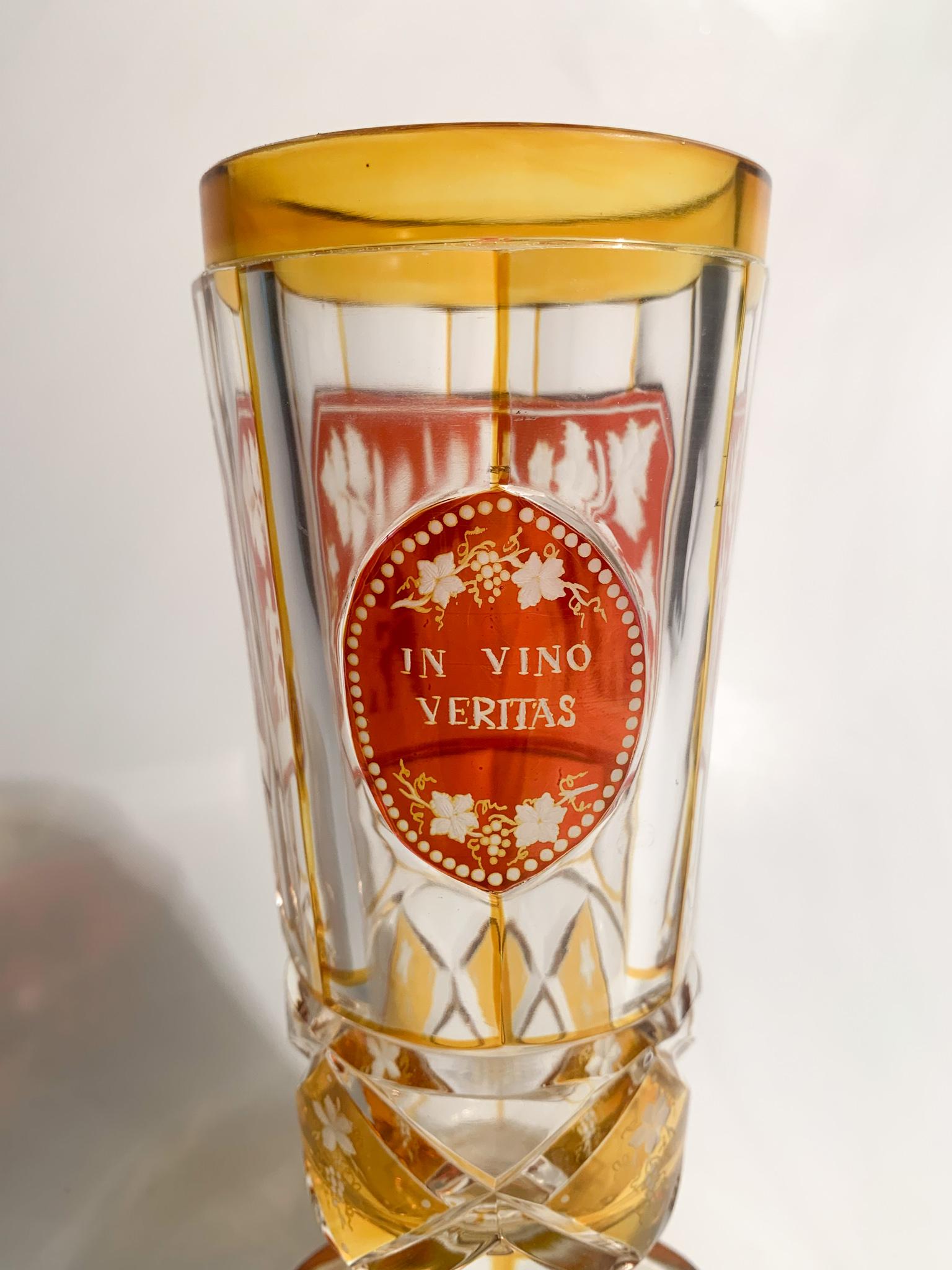 Yellow and Red Biedermeier Crystal Glass Scene of Bacchus Early 1900s 5