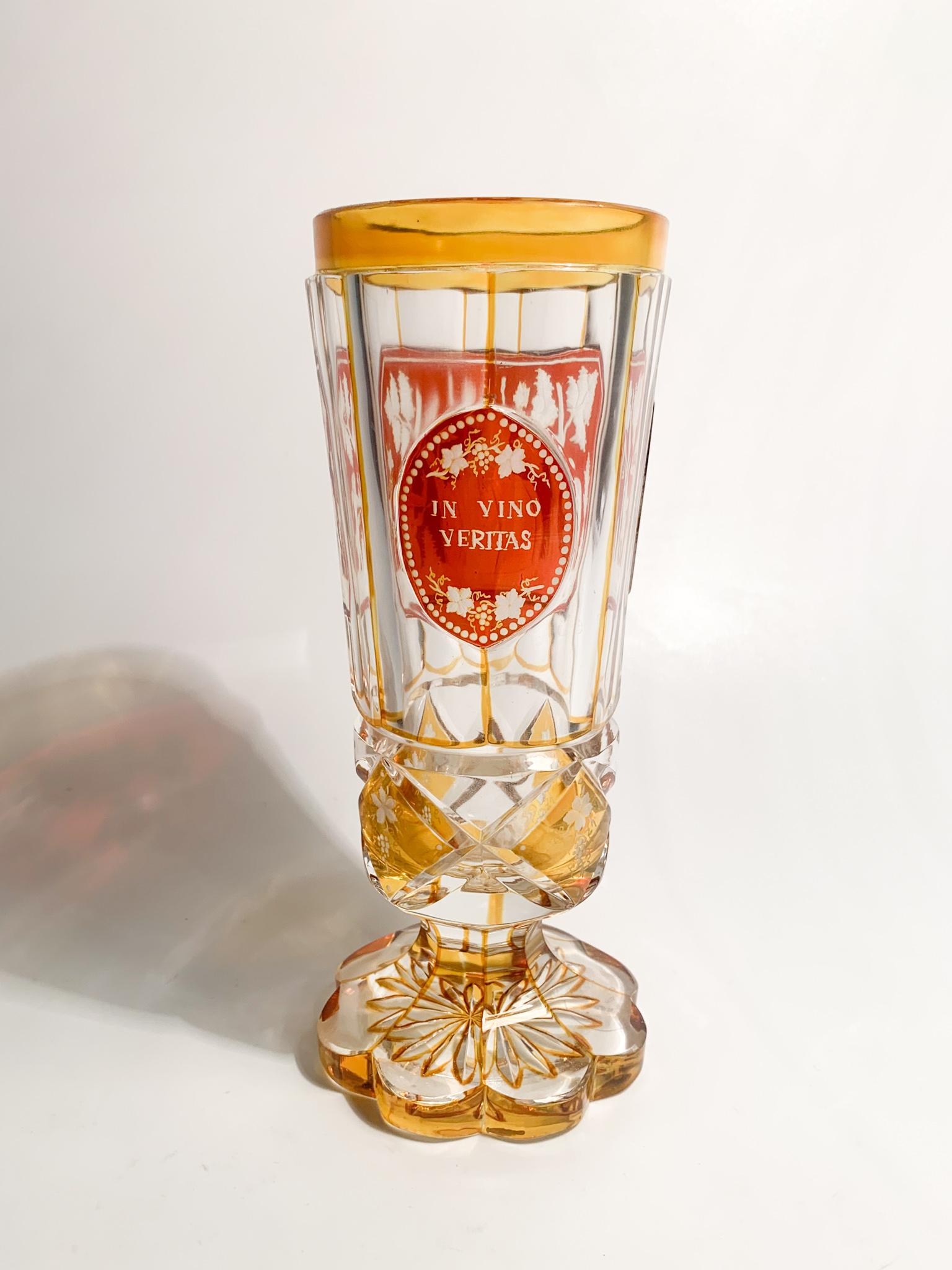 Yellow and Red Biedermeier Crystal Glass Scene of Bacchus Early 1900s 6