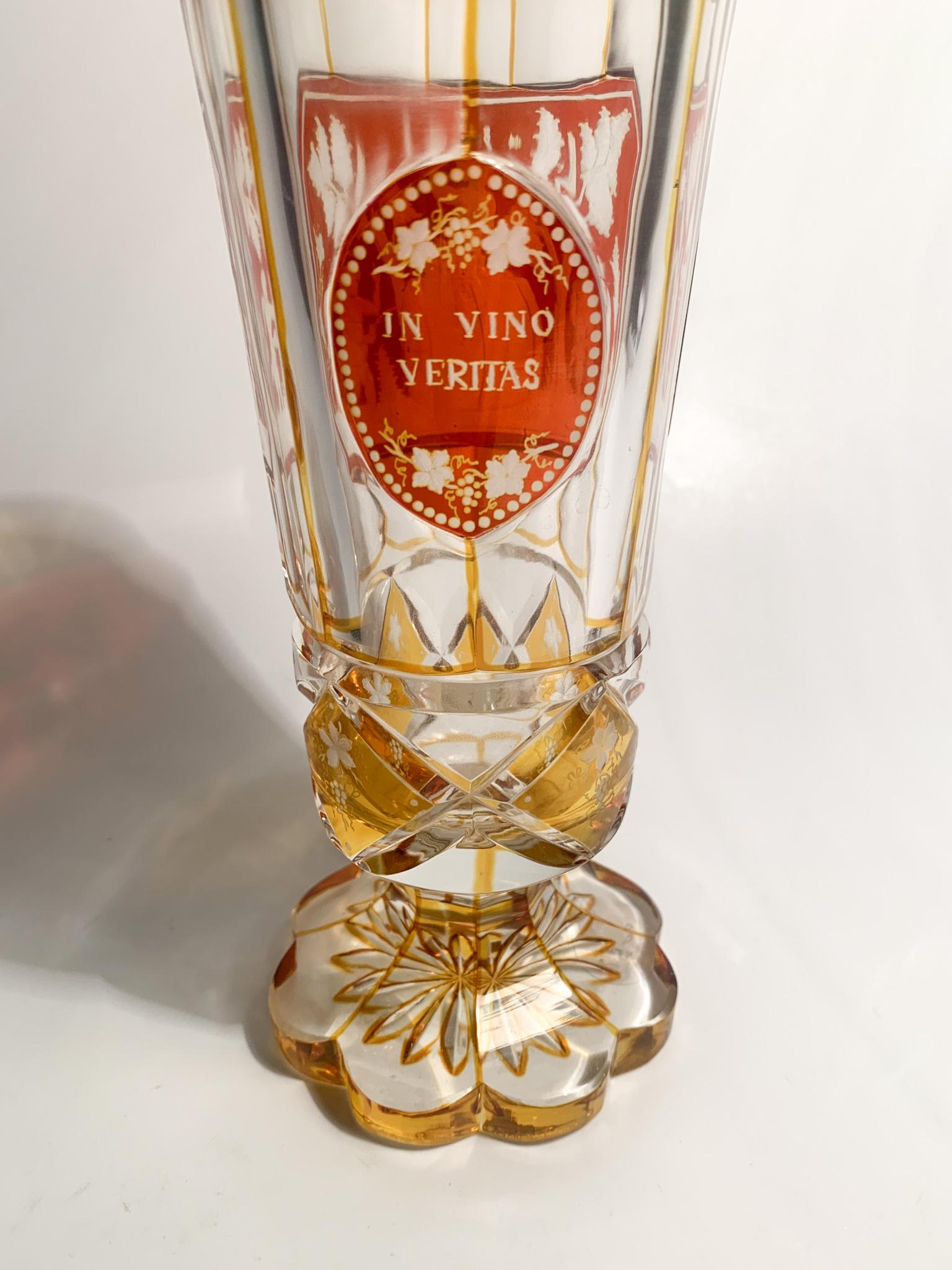 Yellow and red Biedermeier crystal glass, depicting a scene from Bacchus and 