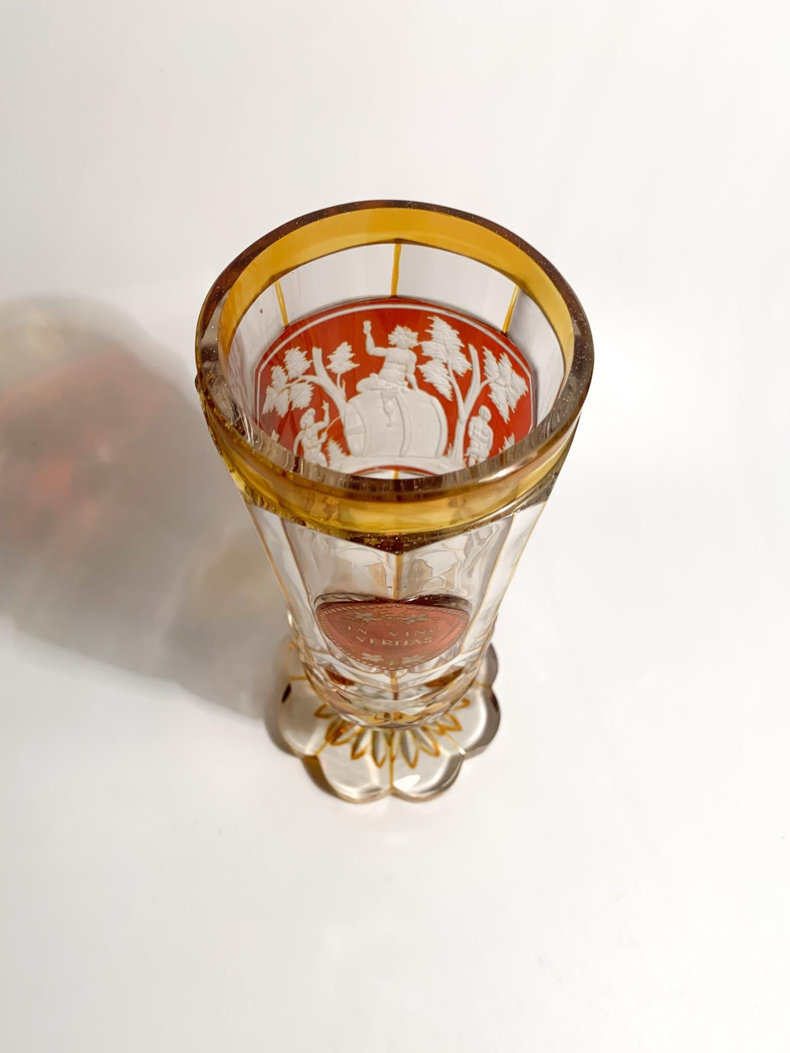German Yellow and Red Biedermeier Crystal Glass Scene of Bacchus Early 1900s