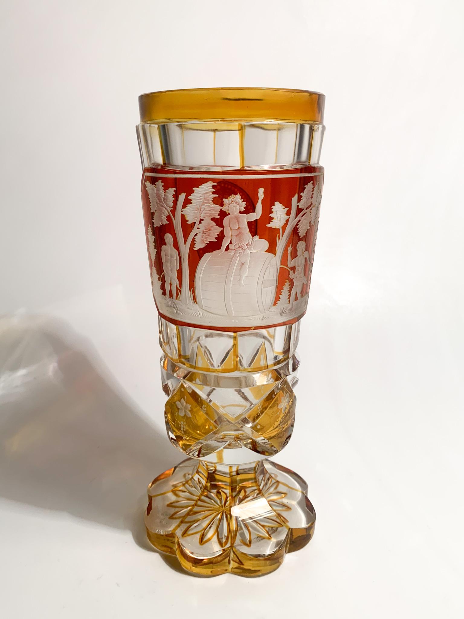 Yellow and Red Biedermeier Crystal Glass Scene of Bacchus Early 1900s In Good Condition In Milano, MI