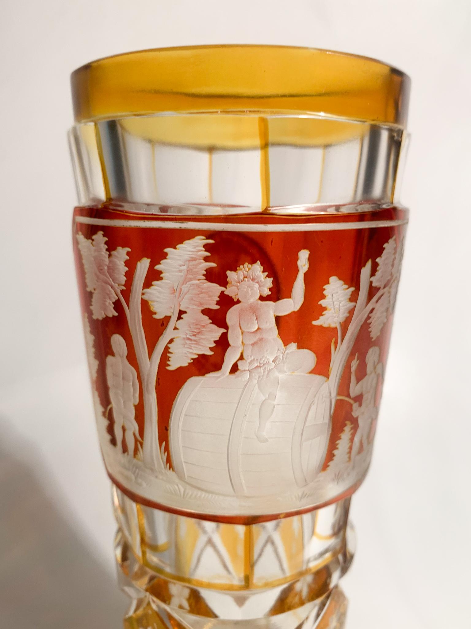 Early 20th Century Yellow and Red Biedermeier Crystal Glass Scene of Bacchus Early 1900s