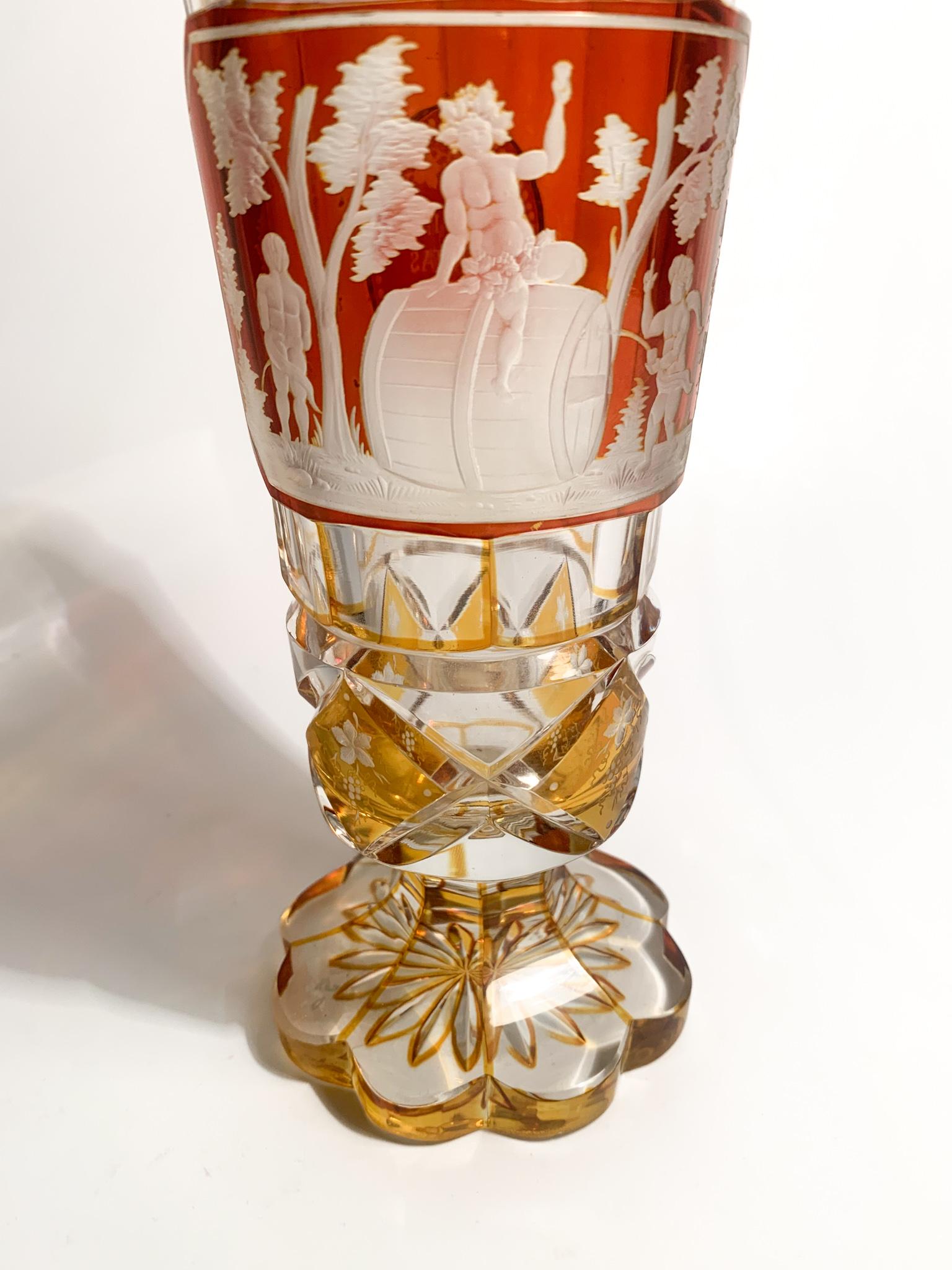 Yellow and Red Biedermeier Crystal Glass Scene of Bacchus Early 1900s 1
