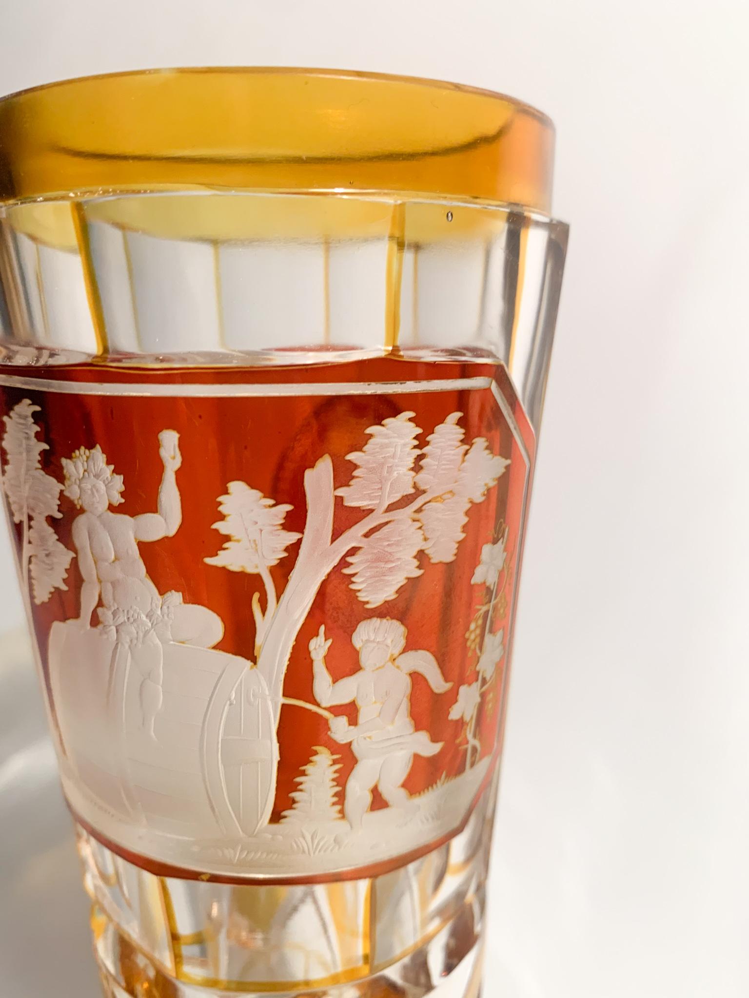 Yellow and Red Biedermeier Crystal Glass Scene of Bacchus Early 1900s 2