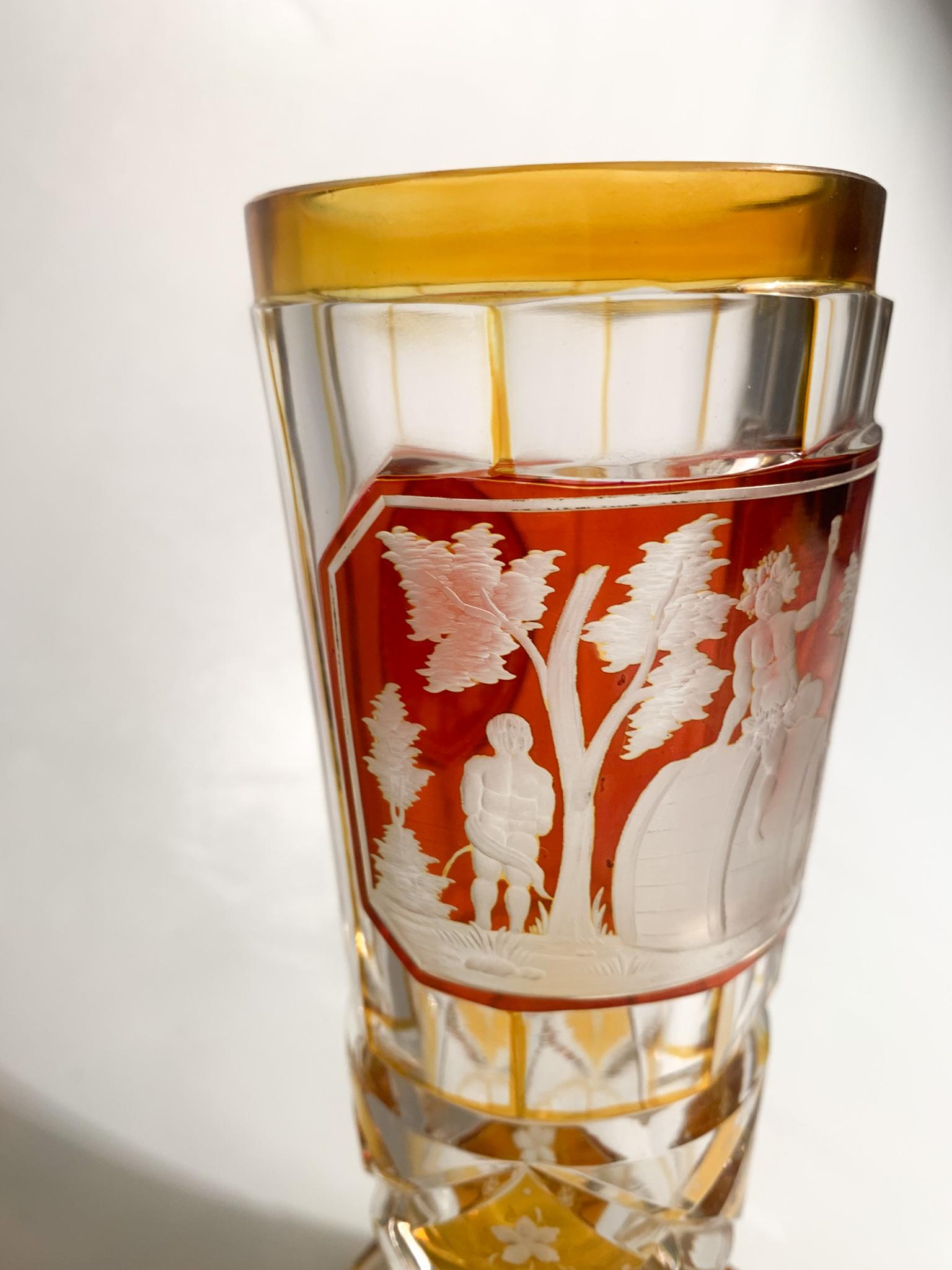Yellow and Red Biedermeier Crystal Glass Scene of Bacchus Early 1900s 3