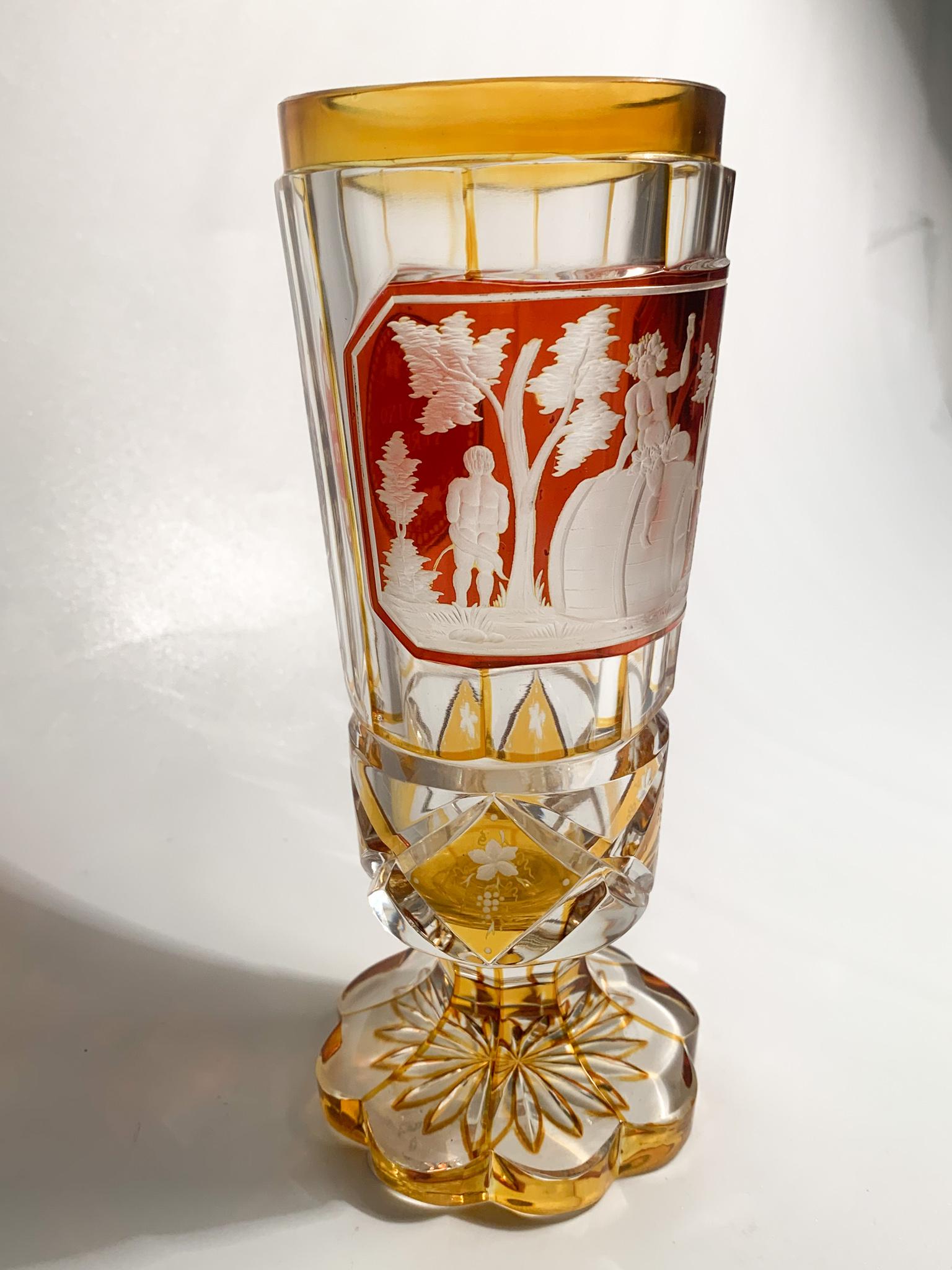 Yellow and Red Biedermeier Crystal Glass Scene of Bacchus Early 1900s 4