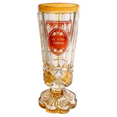 Yellow and Red Biedermeier Crystal Glass Scene of Bacchus Early 1900s
