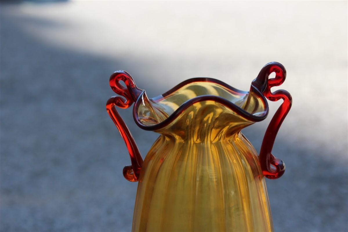 Yellow and red blown Murano glass vase 1950 Art Nouveau Italian design.