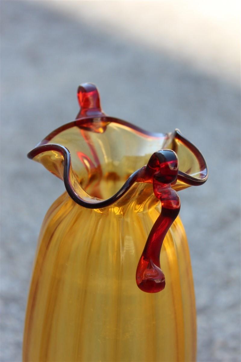 Yellow and Red Blown Murano Glass Vase 1950 Art Nouveau Italian Design For Sale 1