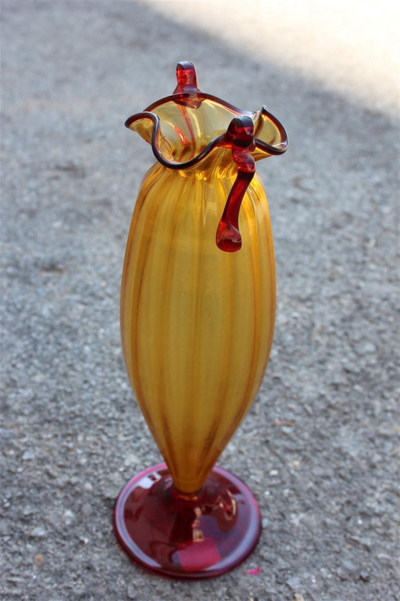 Yellow and Red Blown Murano Glass Vase 1950 Art Nouveau Italian Design For Sale 2