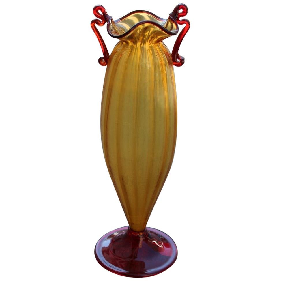 Yellow and Red Blown Murano Glass Vase 1950 Art Nouveau Italian Design For Sale