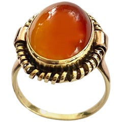 Vintage Yellow and Red Gold Ring, Set with One Natural Quartz, Carnelian, circa 1950