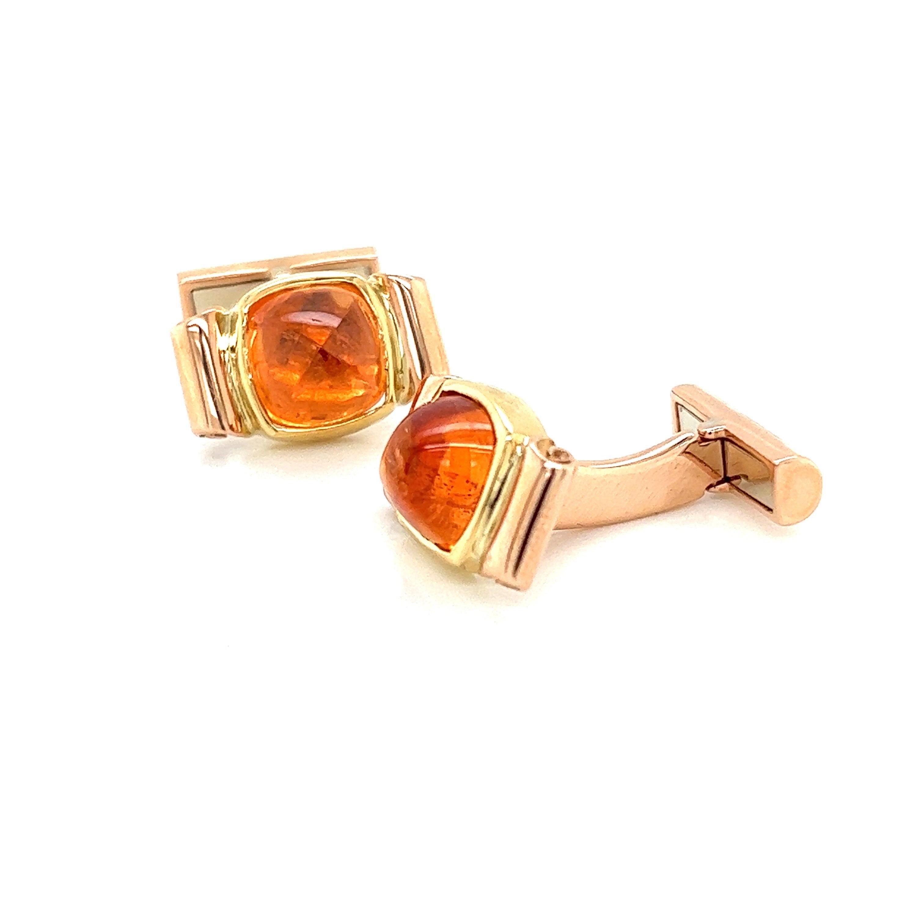 The exquisite 18k Yellow and Rose Gold cufflinks, an opulent blend of elegance and sophistication. These cufflinks are meticulously crafted to captivate the discerning eye, featuring a magnificent cushion-cut Spessartite Orange Garnet at their