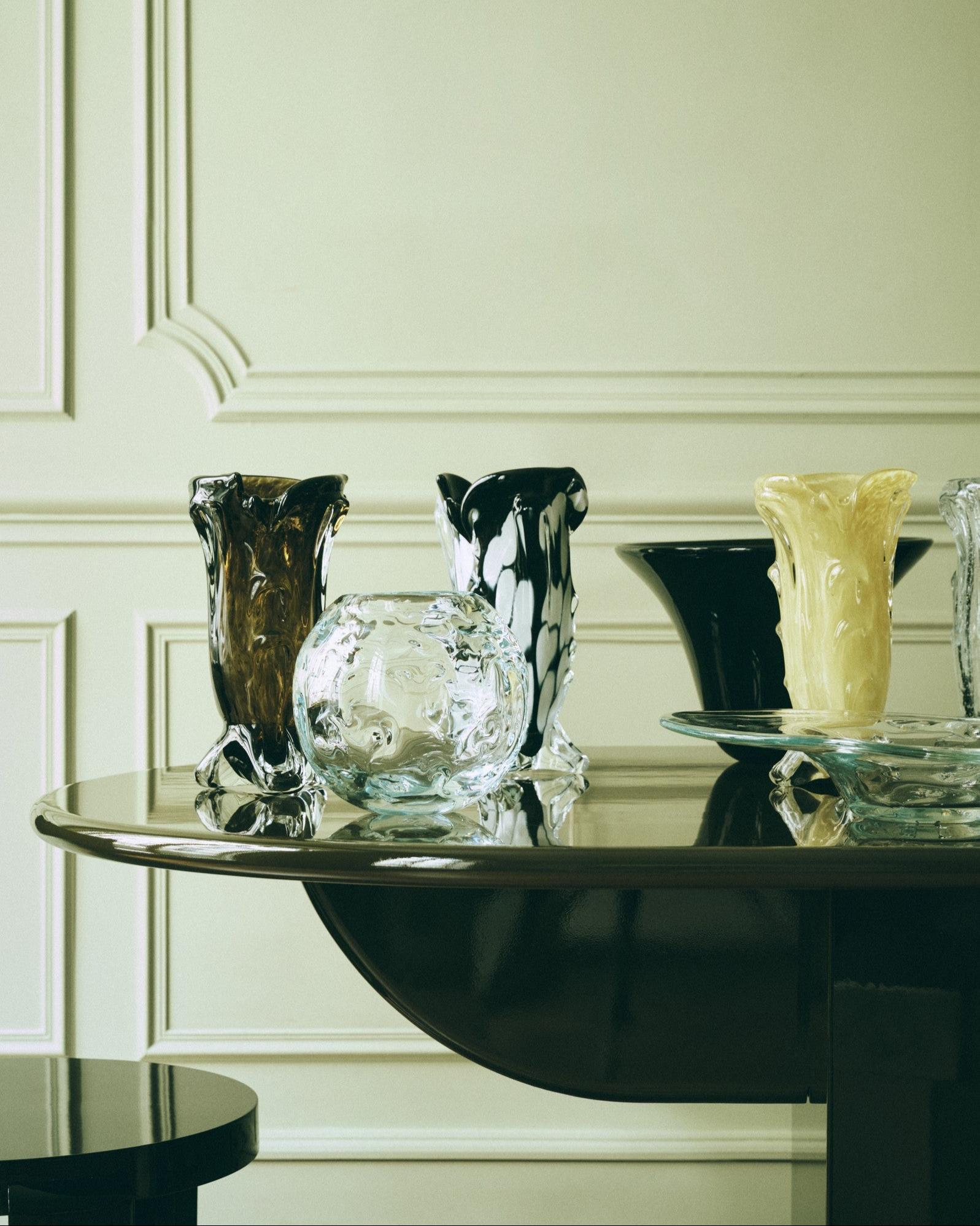 Contemporary Yellow and transparent draped glass vase For Sale