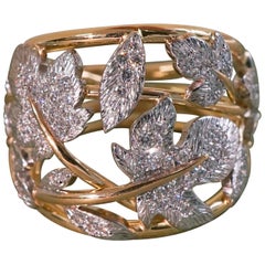 Yellow and White 18 Karat Gold Diamonds Fig Leaves Band Ring