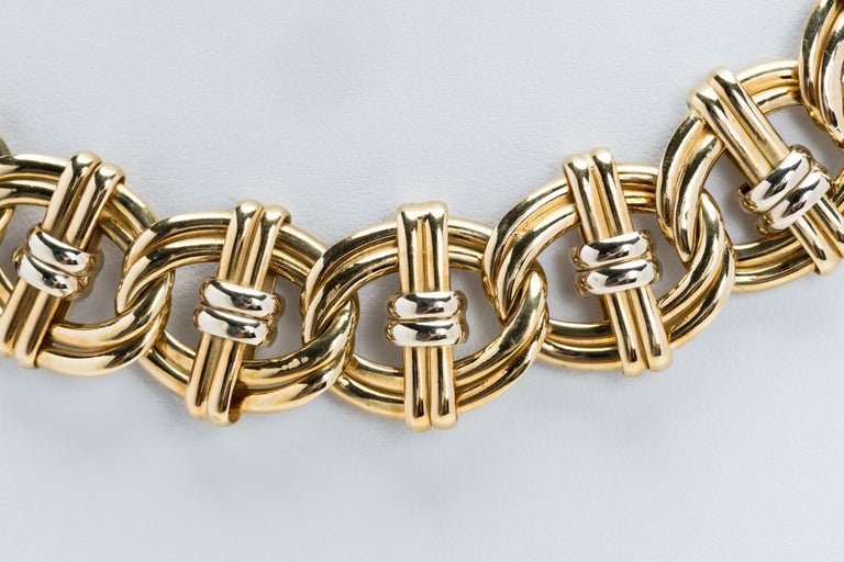 Yellow and White 18 Karat Gold Intertwined Double Link Necklace Signed O.W.C. In Good Condition For Sale In West Hollywood, CA