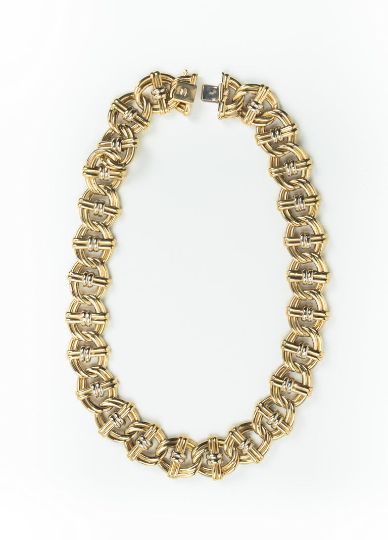 Yellow and White 18 Karat Gold Intertwined Double Link Necklace Signed O.W.C. For Sale 3