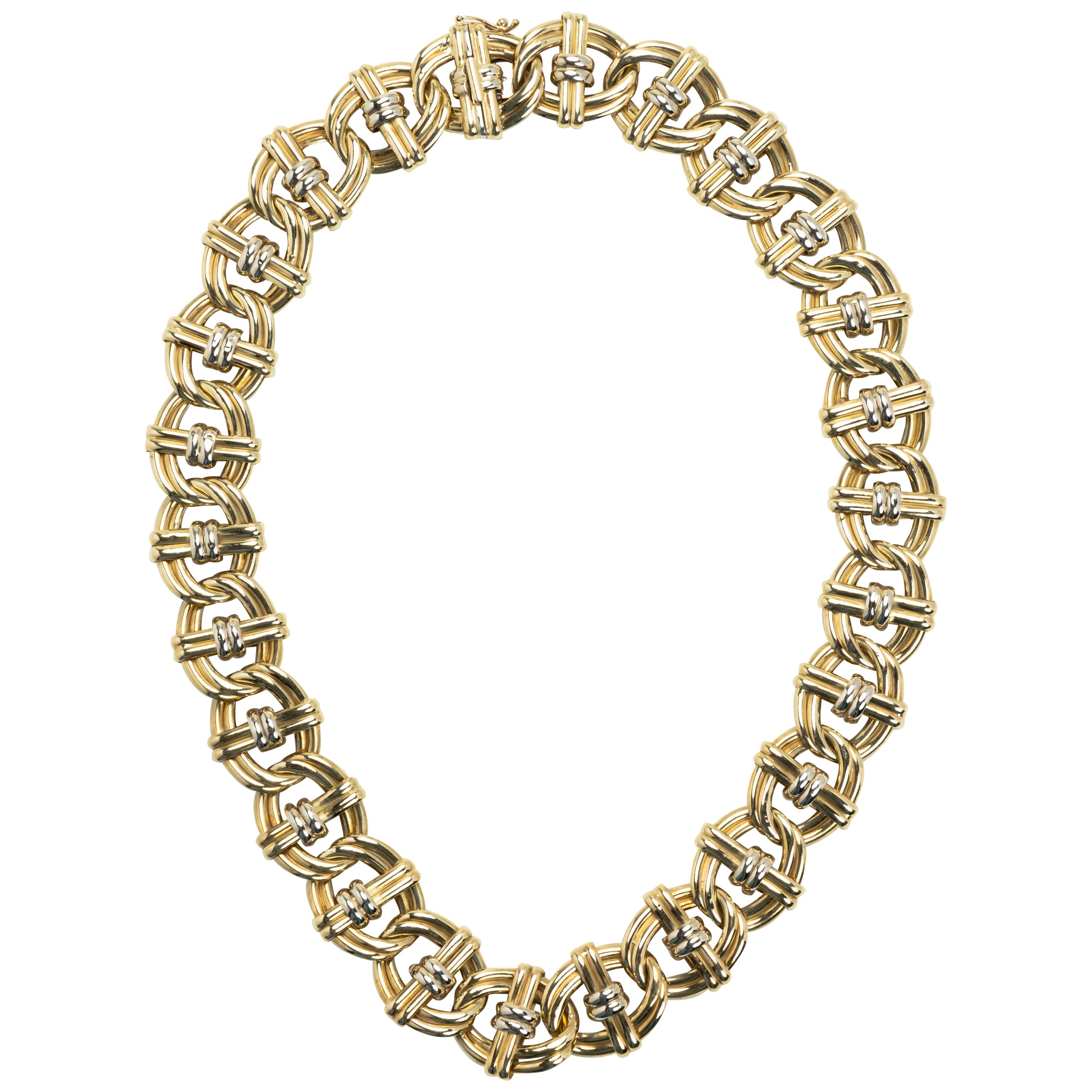 Yellow and White 18 Karat Gold Intertwined Double Link Necklace Signed O.W.C. For Sale
