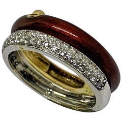 Yellow and White 18 Karat Gold Ring Diamonds and Red Enameled
