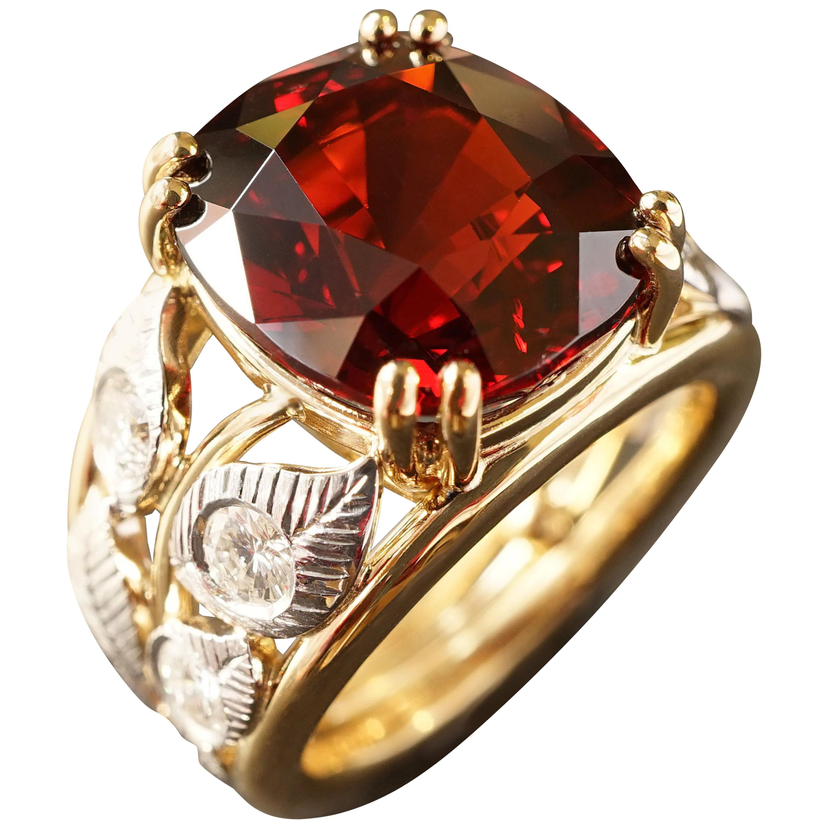 Yellow and White 18 Karat Gold Red Garnet and Diamonds Botanical Engagement Ring For Sale