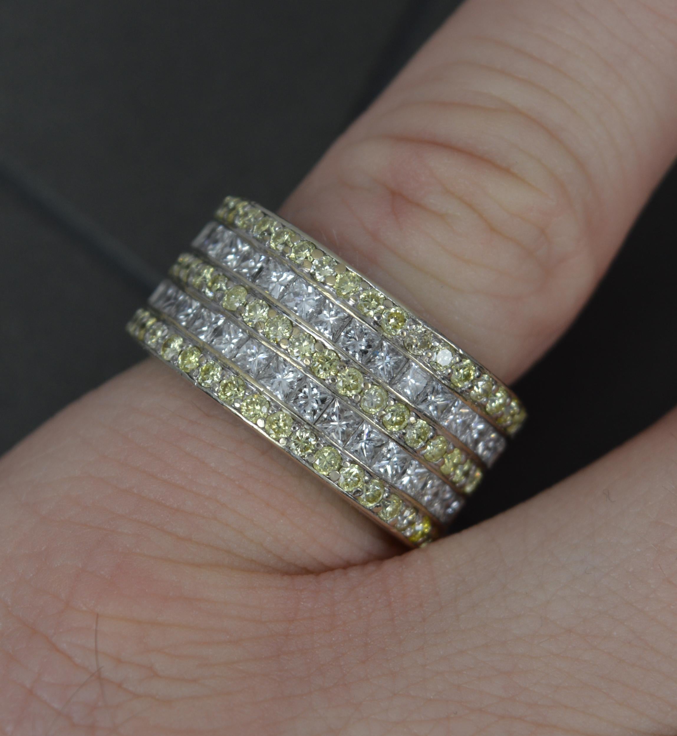 Princess Cut Yellow and White 2.18 Carat Natural Diamond and 18 Carat Gold Band Cluster Ring For Sale
