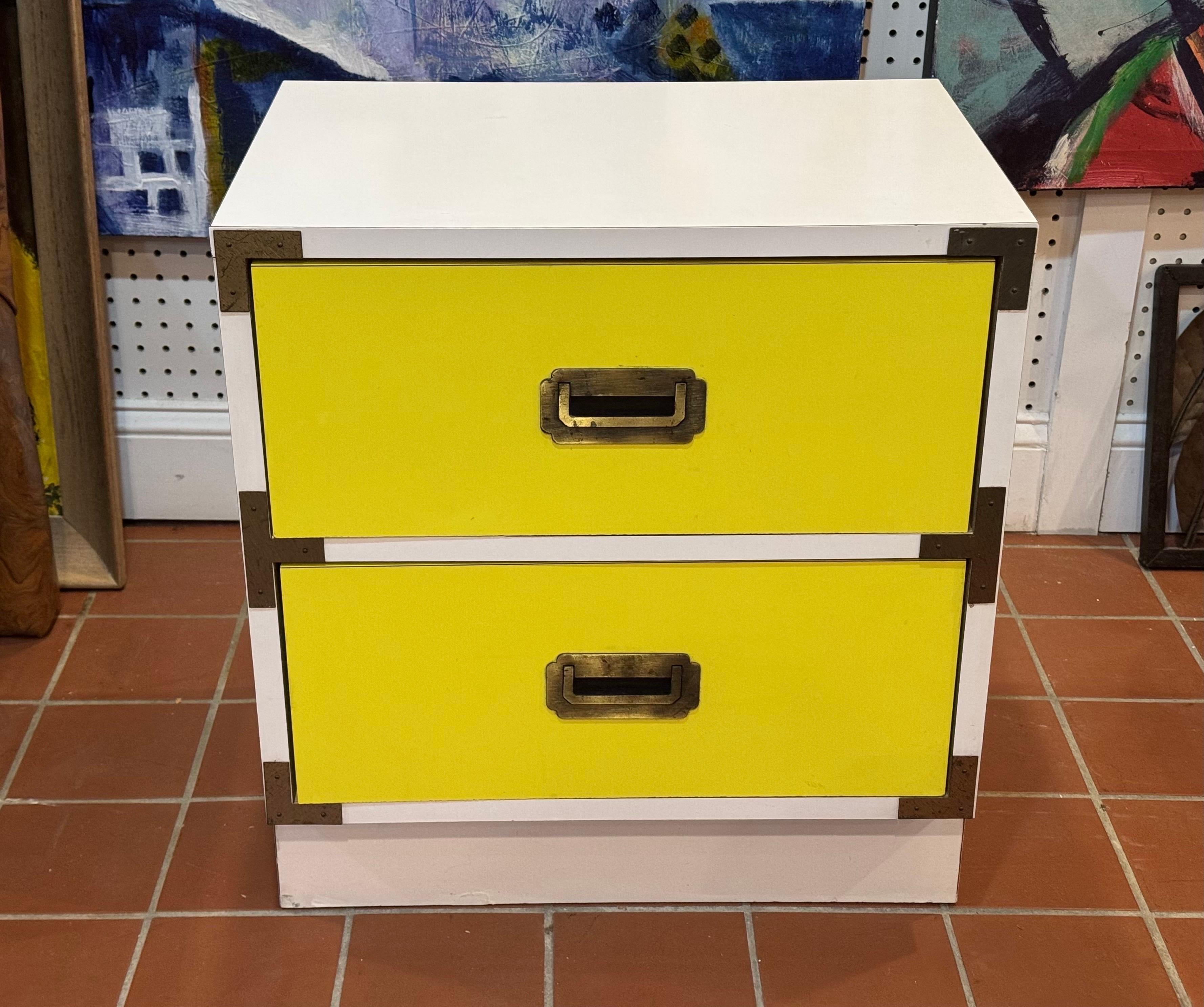 Yellow and White Campaign Nightstand. Classic two drawer stand. Perfect for a kids room.