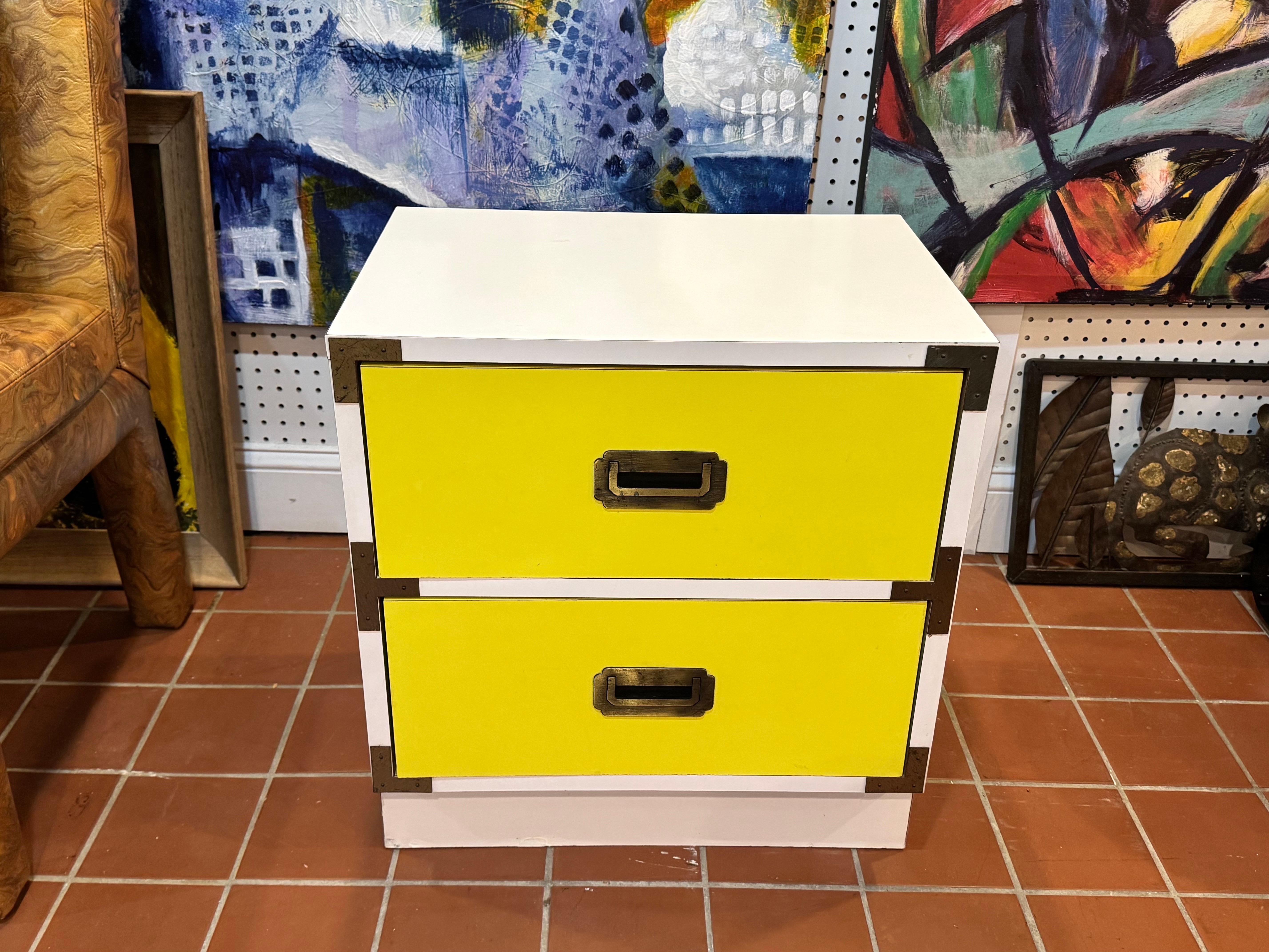 20th Century Yellow and White Campaign Nightstand For Sale